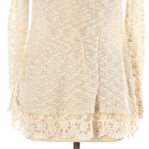 Maxumi size M ivory tan BOHO slubbed knit A-line lace bottom pullover sweater - Picture 4 of 13